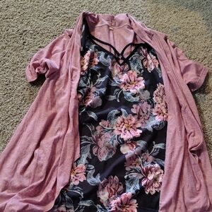 Women’s Pink Floral V-Neck Tank with Dusty Rose Cardigan
